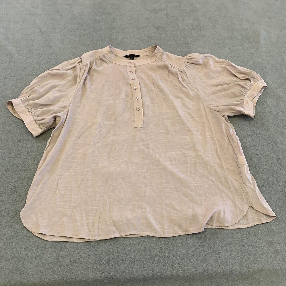 Banana Republic Blouse Womens XL Petite Rose Pink Puff Sleeve Henley Tunic Top